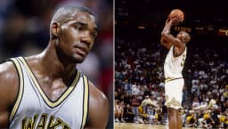 Rodney Rogers en tenue de Wake Forest : à gauche, portrait en gros plan en plein effort, et à droite, tir en suspension devant un public lors d’un match universitaire.