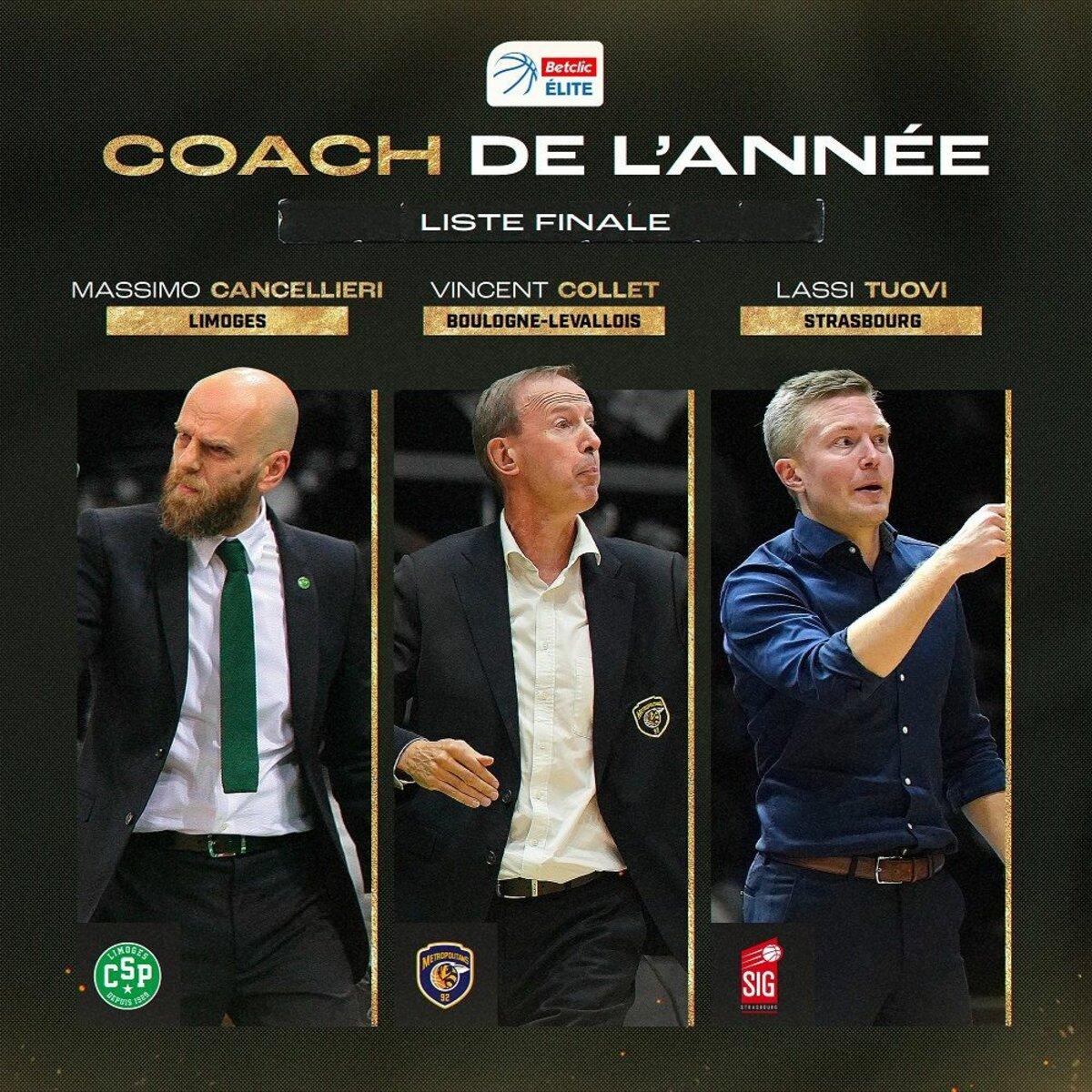 Massimo Cancellieri, Vincent Collet et Lassi Tuovi nommés pour le Trophée de coach de la saison 2021-2022